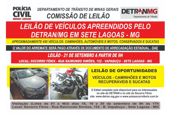 Leilão de veículos apreendidos pelo Detran/MG em Sete Lagoas MG 2018